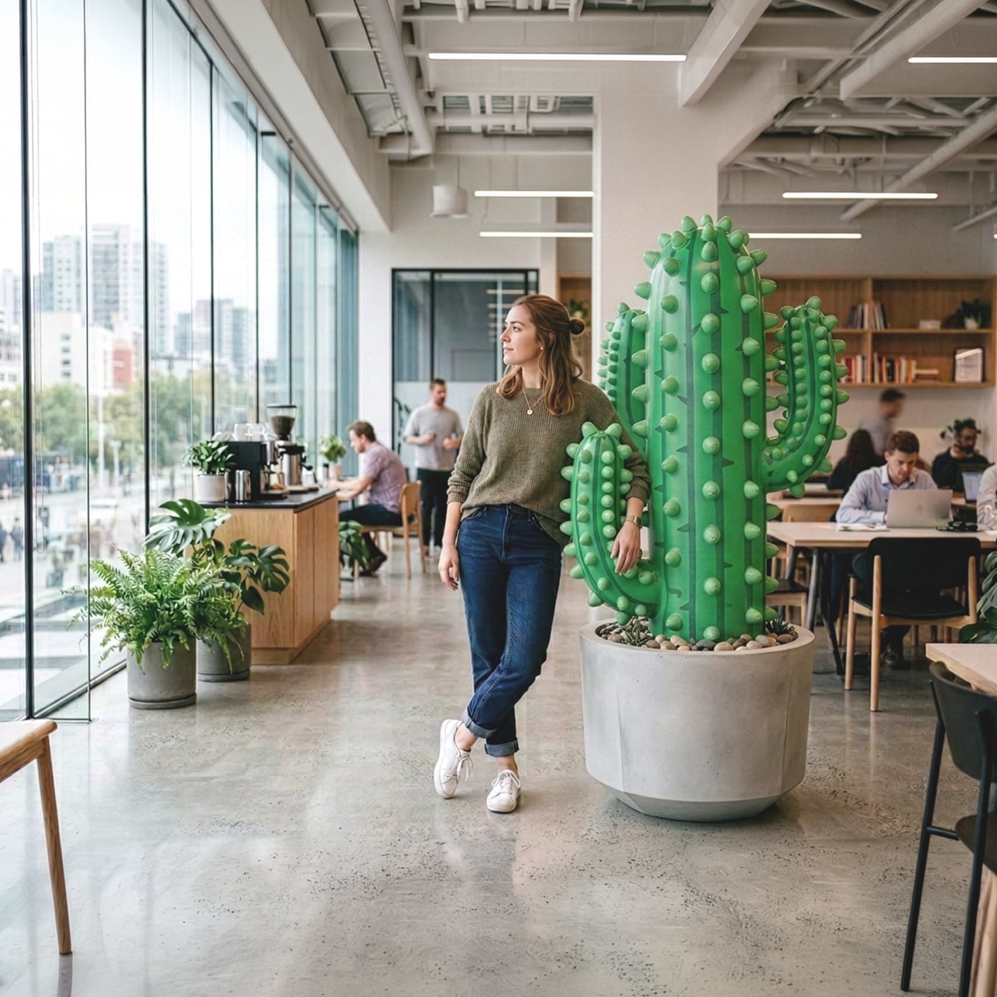 A person in office next to cactus.
