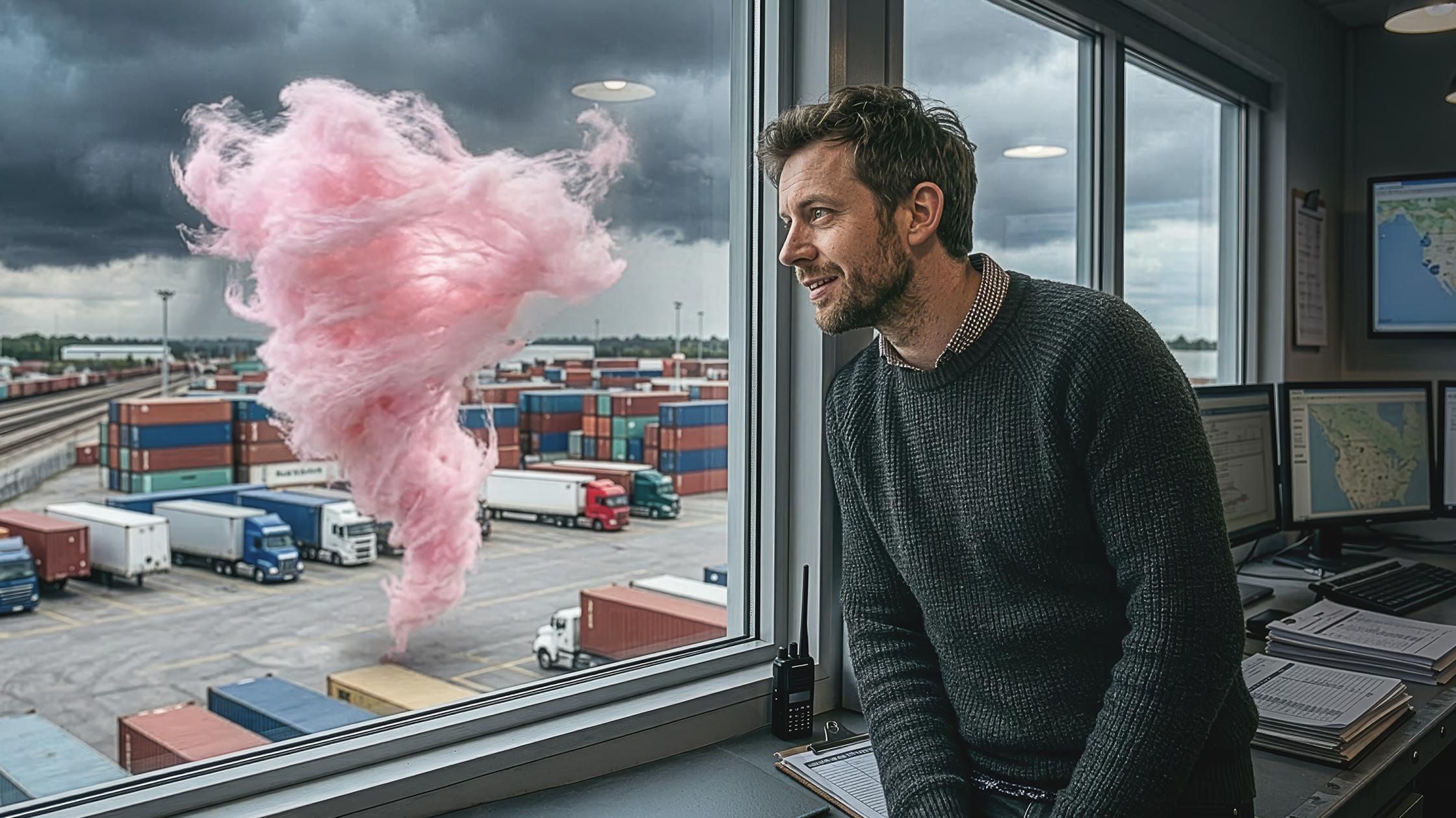 A person in office with tornado on the outside.