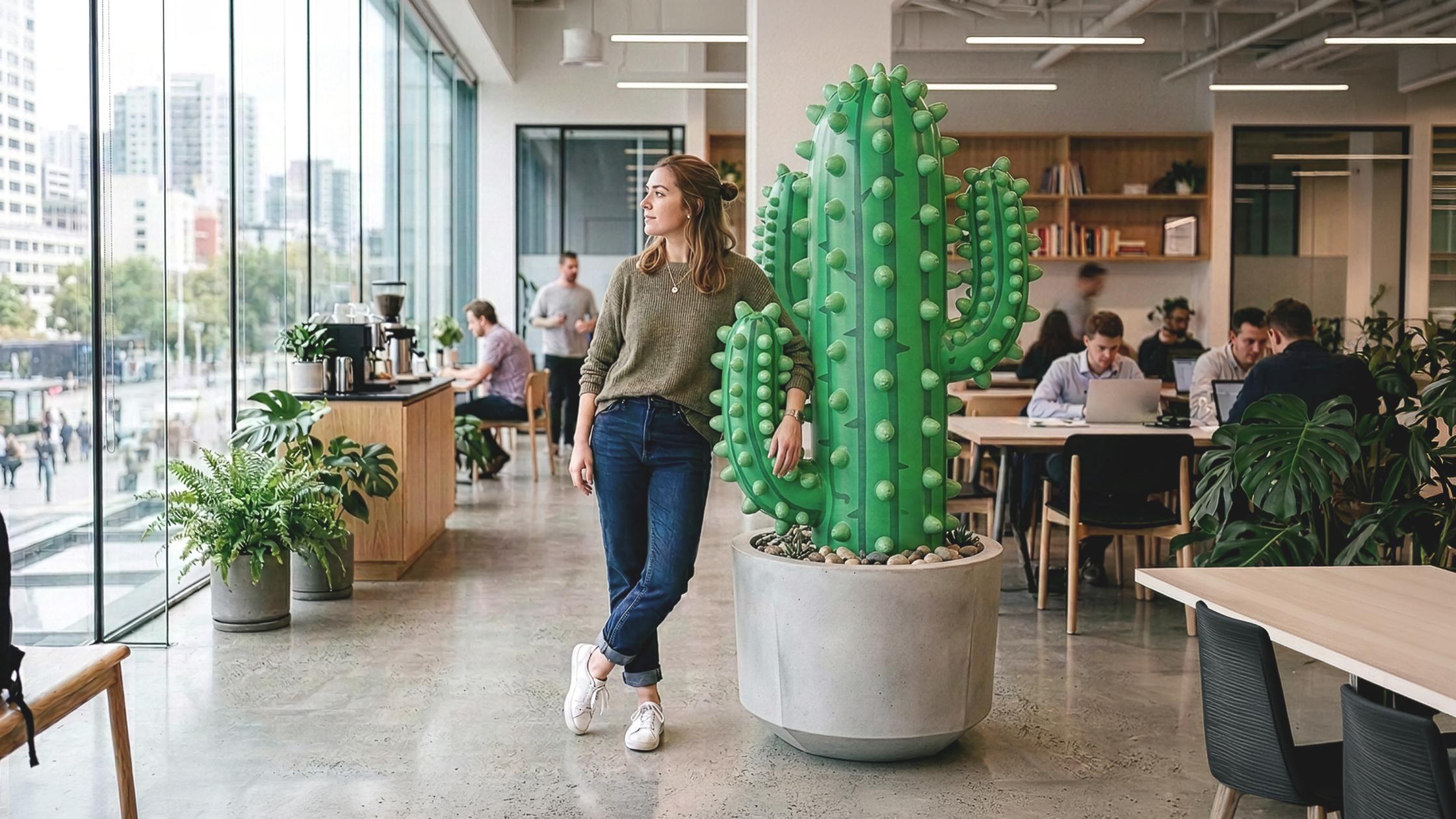 A person in office next to cactus.