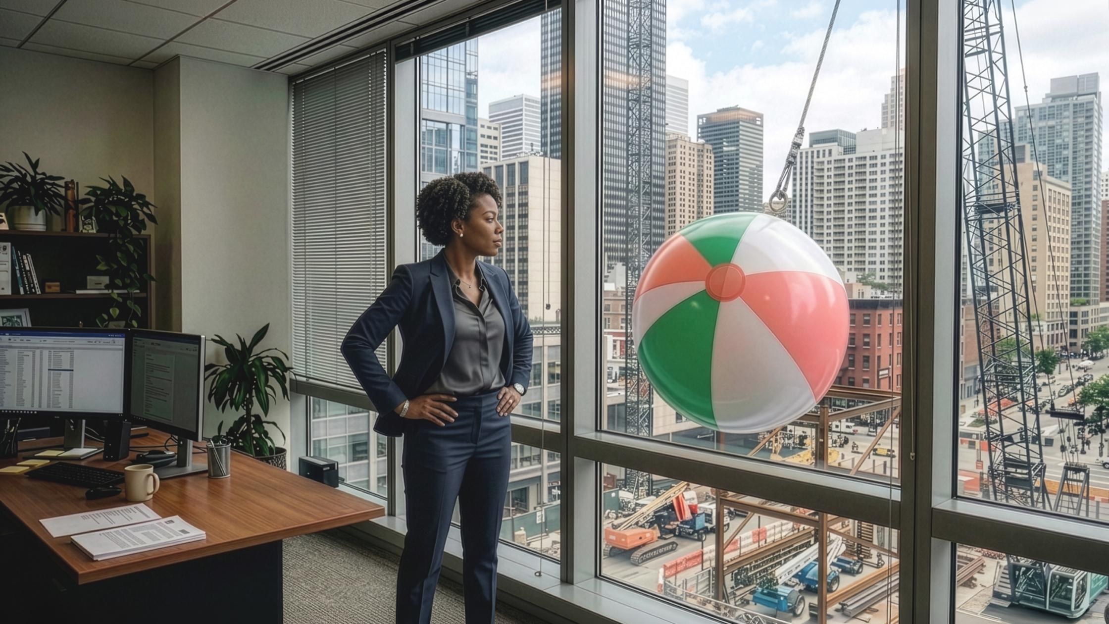 Person in office with wrecking ball of beachball